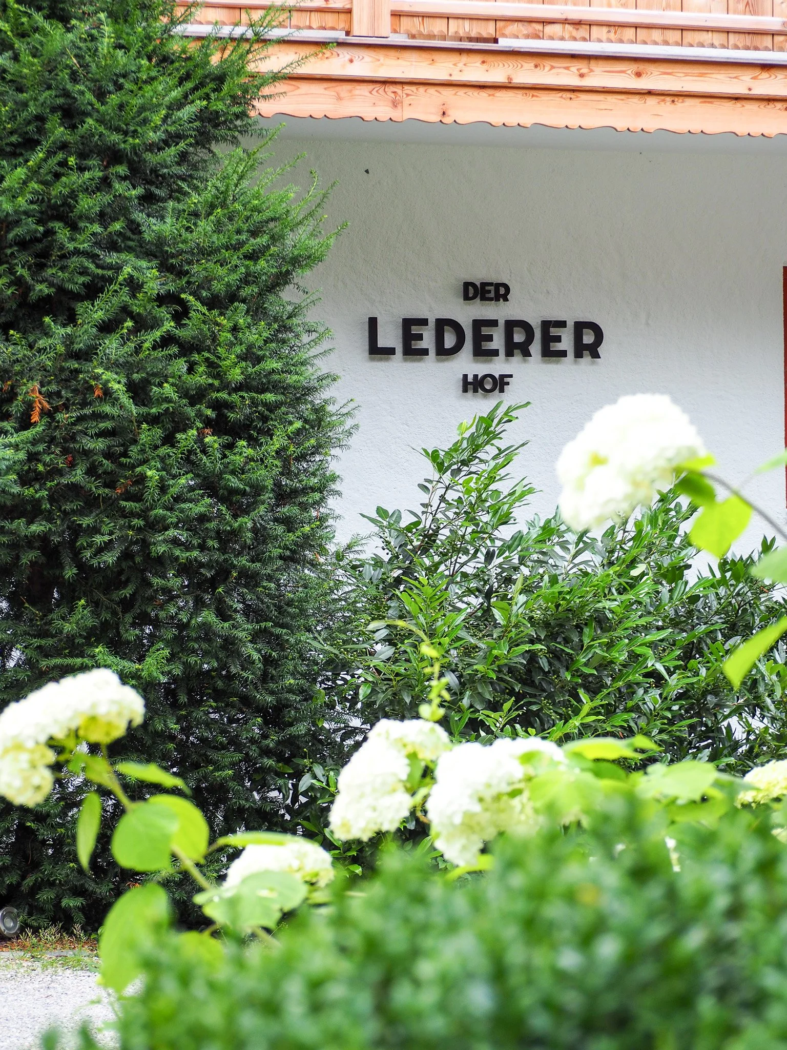 Der Eingang zu einem Stall oder Hof mit einem weißen Wandfoto und schwarzen Buchstaben, umgeben von grünen Büschen, im Vordergrund weiße Blumen.