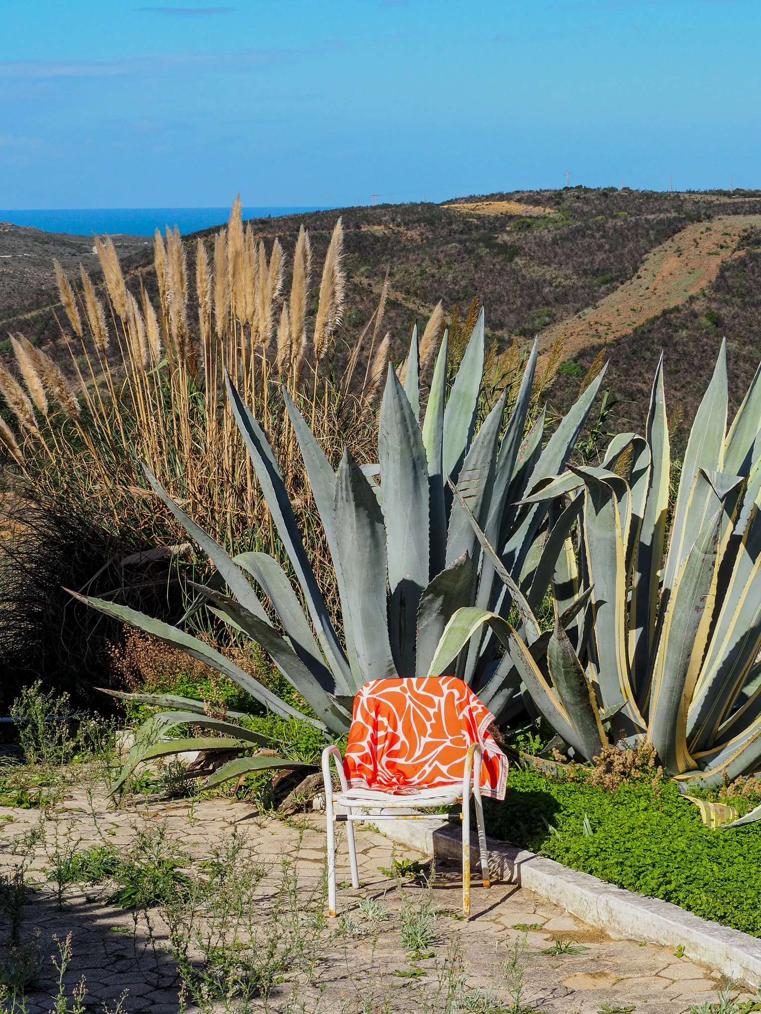 Ein weißer Gartenstuhl mit einem orange-weißen Tuch, vor großen Agavenpflanzen und weiteren Wüstenpflanzen, mit Bergen im Hintergrund und einem blauen Himmel.