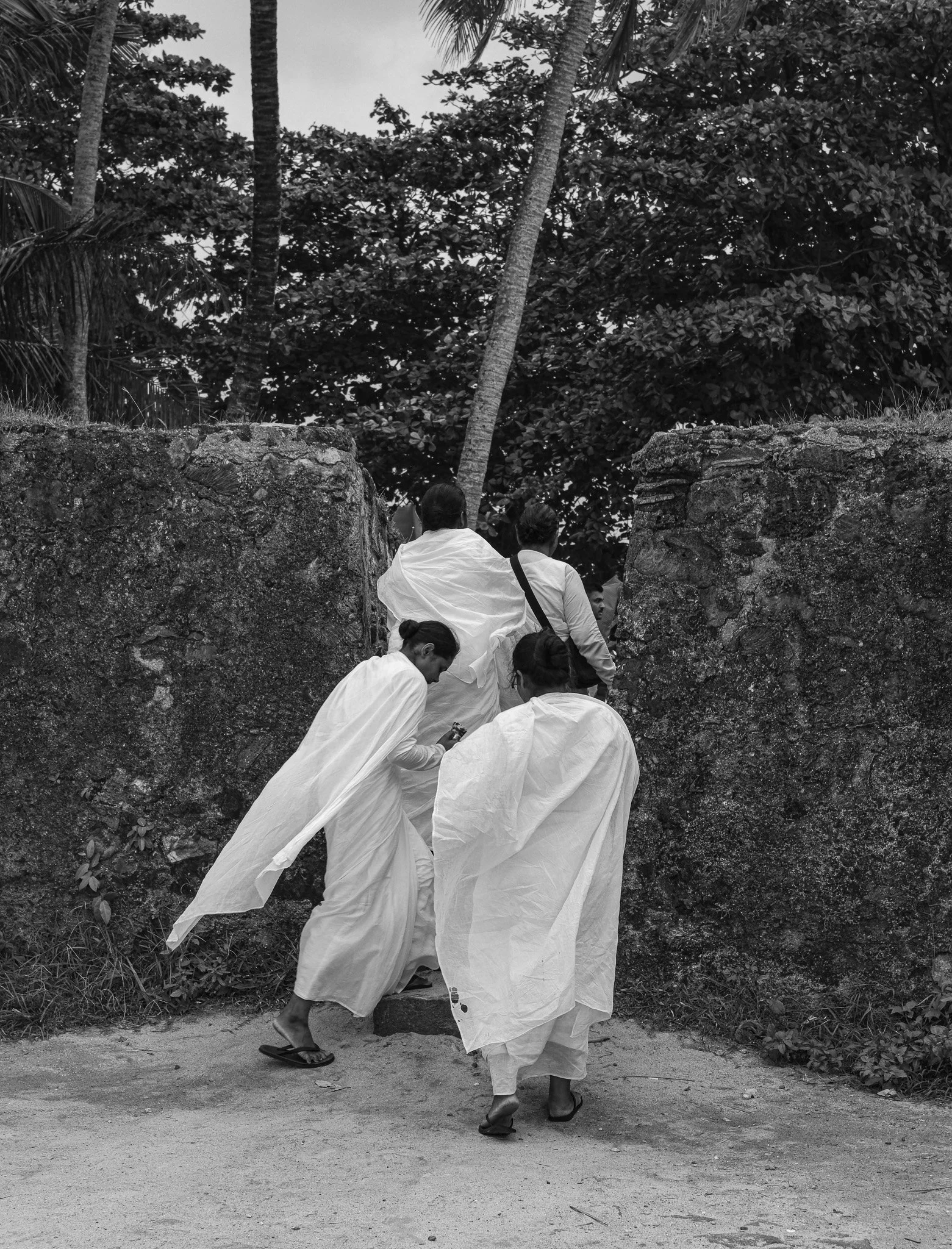 Vier Menschen in weißen Gewändern gehen eine kleine Treppe zwischen zwei Steilwänden empor, umgeben von Bäumen und Pflanzen.