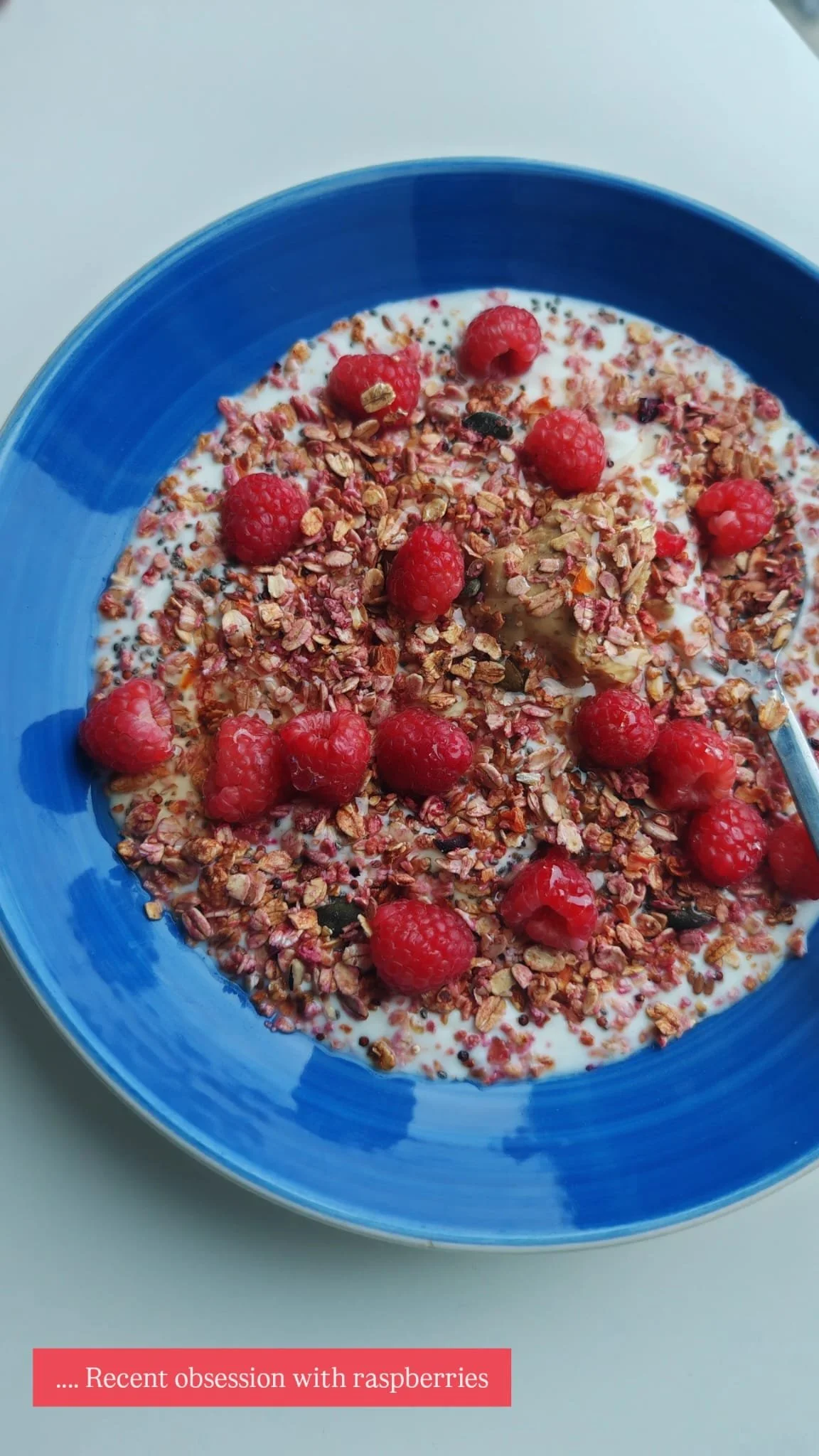 A bowl of yogurt topped with fresh raspberries and granola.