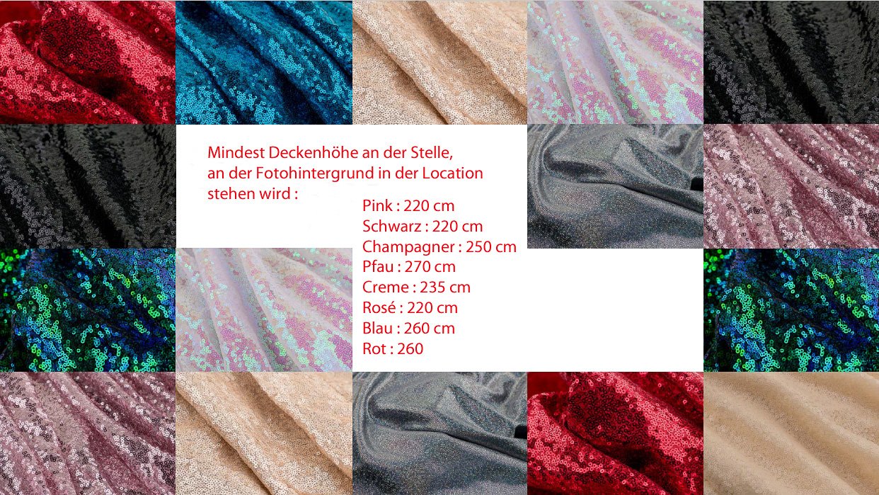 Übersicht der wählbaren Hintergrundfarben und der benötigten Deckenhöhe der Fotobox