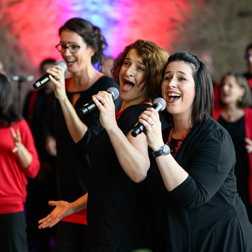 Gesangsensemble singt gemeinsam in Mikrofone im roten Bühnenlicht.