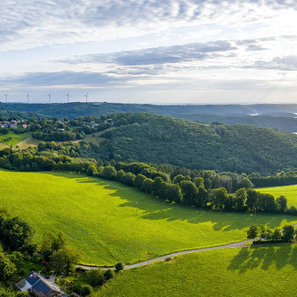Luftaufnahme der hügeligen Eifel-Landschaft mit Wäldern, grünen Wiesen und Windrädern am Horizont.