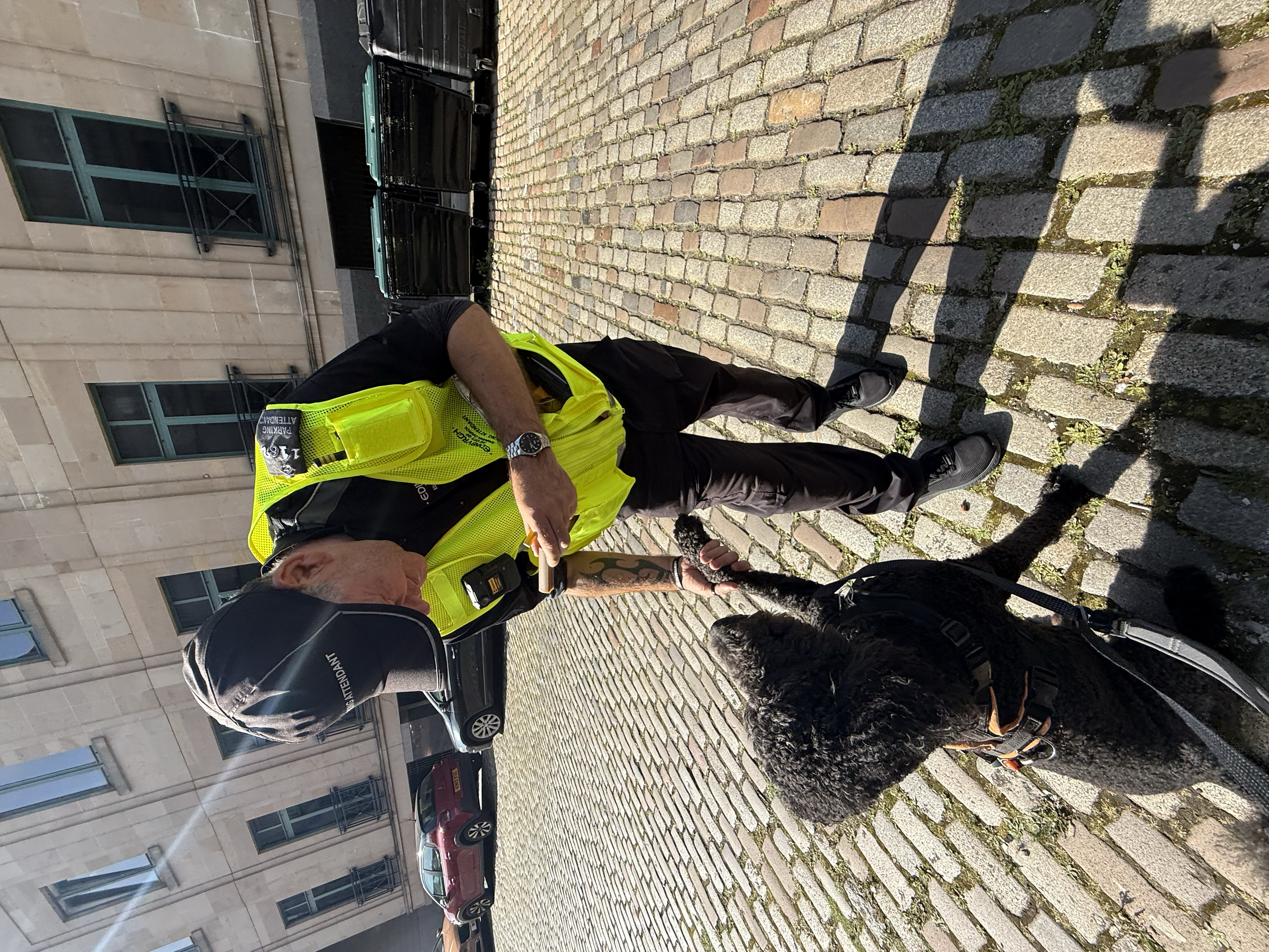 A police officer in a yellow vest and black cap is interacting with a black standard poodle service dog on a cobblestone street.