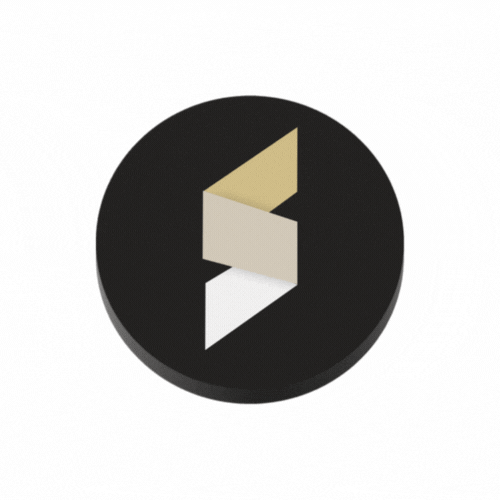 3D logo with black circular background and geometric shapes in beige, white, and light yellow forming a stylized S shape.