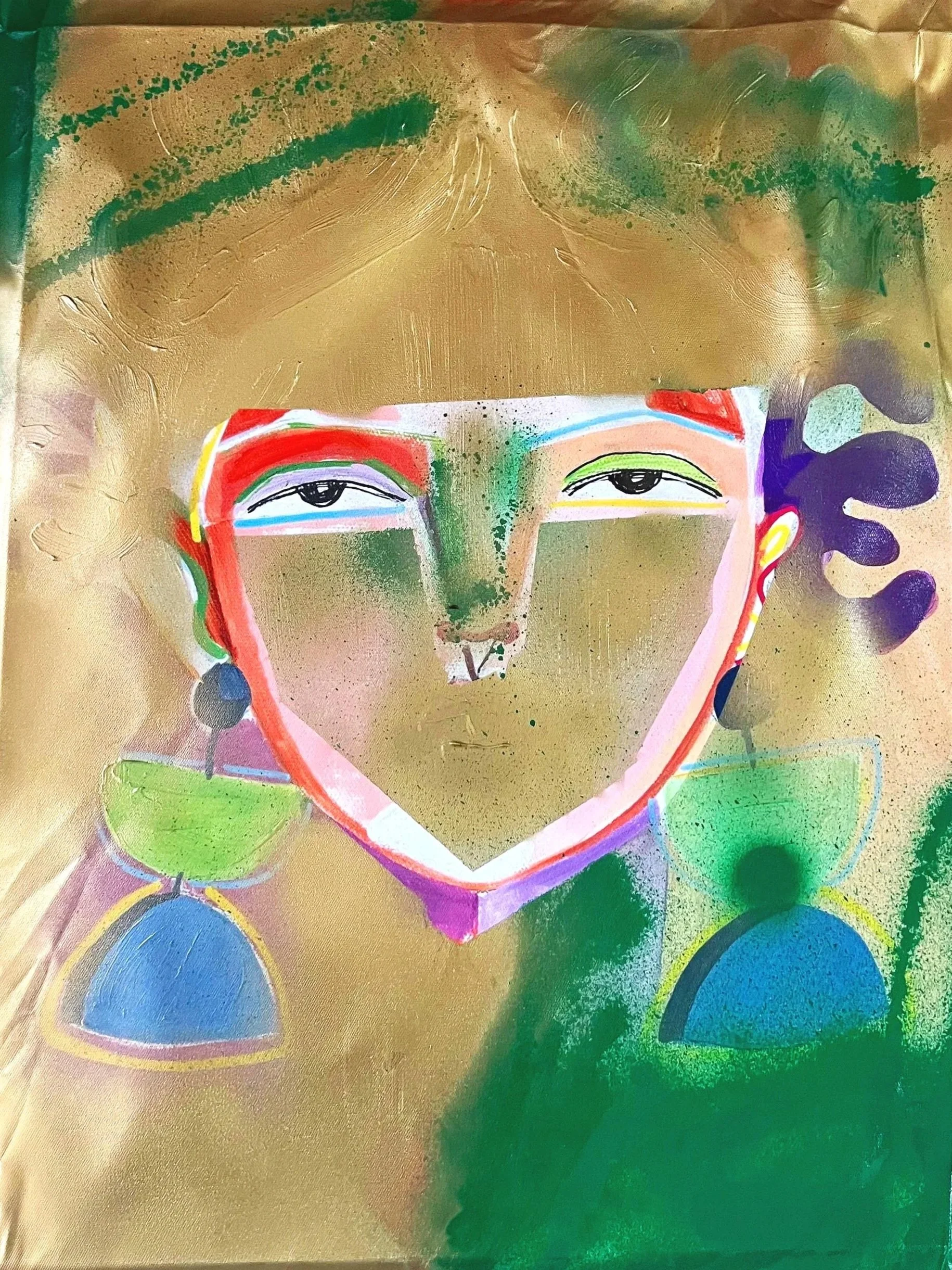 An abstract portrait of a person with a golden background, featuring vibrant, colorful lines and shapes forming the face, eyes, nose, and earrings, blending artistic and modern styles.