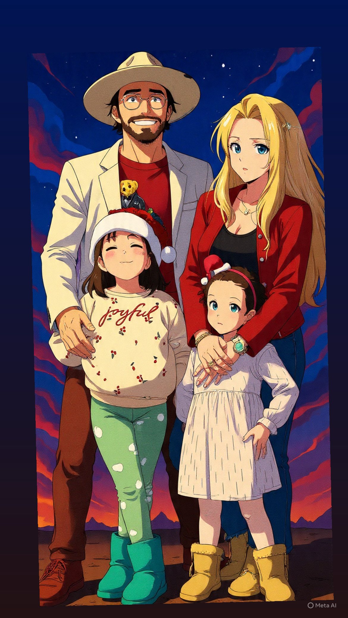 Anime-style family portrait of a man with glasses, beard, and hat, a blonde woman, and three young girls with festive clothing, standing against a colorful evening sky with mountains.