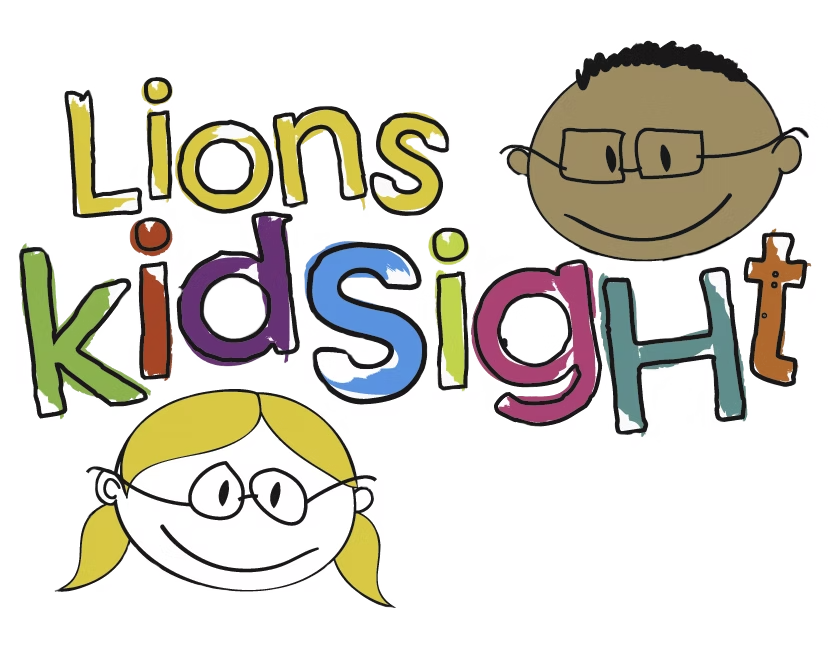 Colorful text reading "Lions Kidsight" with cartoon illustrations of a girl and a boy, both wearing glasses, above and below the text.