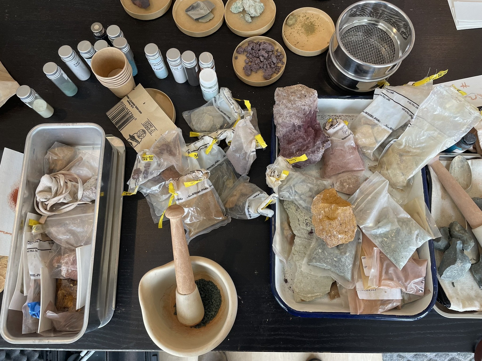 Mortar, pestle, and sifting tools for grinding rock into pigment