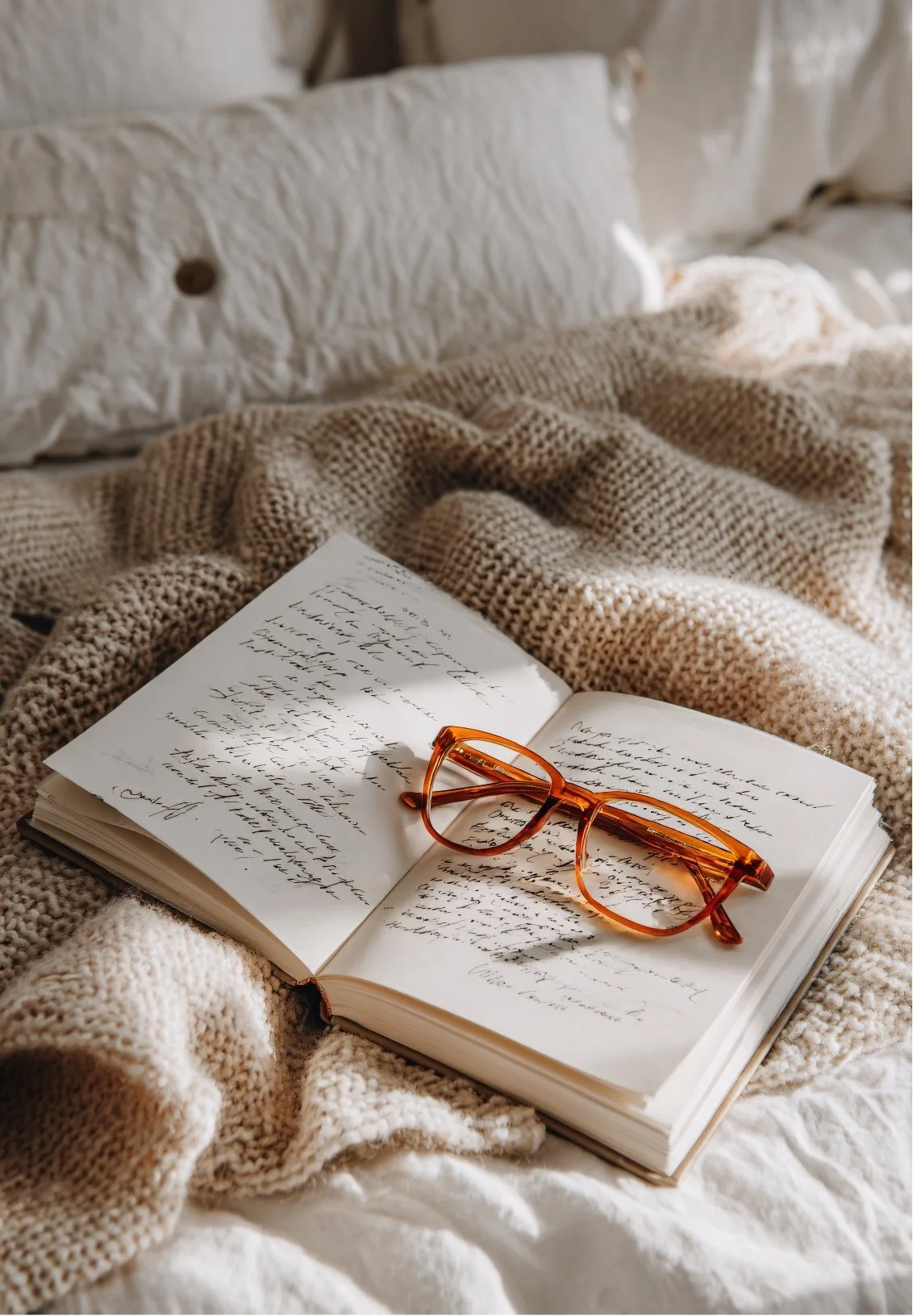 Open notebook with handwritten text resting on a bed, with a pair of orange glasses placed on top of it. The bed has cream-colored pillows and a textured beige blanket.