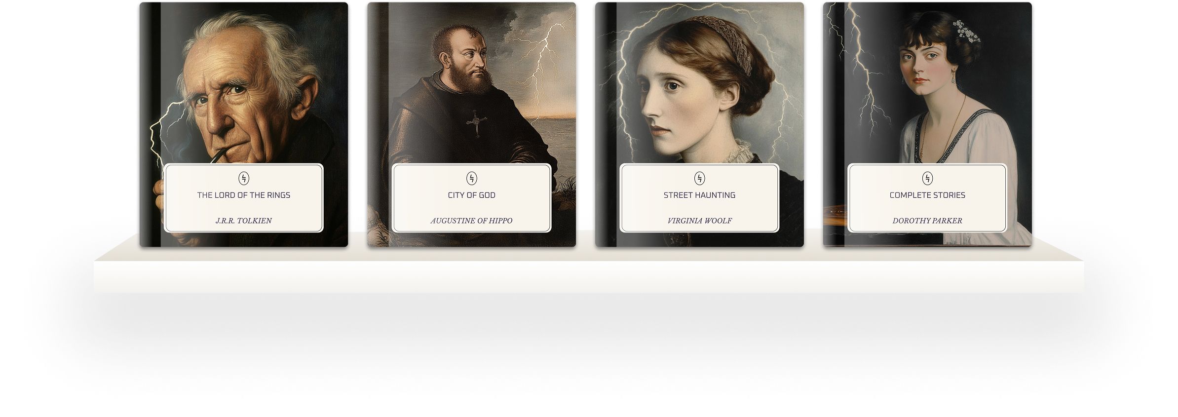 Four books displayed on a white shelf, each with a cover featuring a portrait of a person and lightning effects, titled 'The Lord of the Rings' by J.R.R. Tolkien, 'City of God' by Augustine of Hippo, 'Street Haunting' by Virginia Woolf, and 'Complete Stories' by Dorothy Parker.