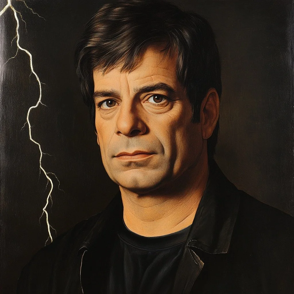 Close-up of a middle-aged man with dark hair, serious expression, wearing a black shirt, with lightning in the background.