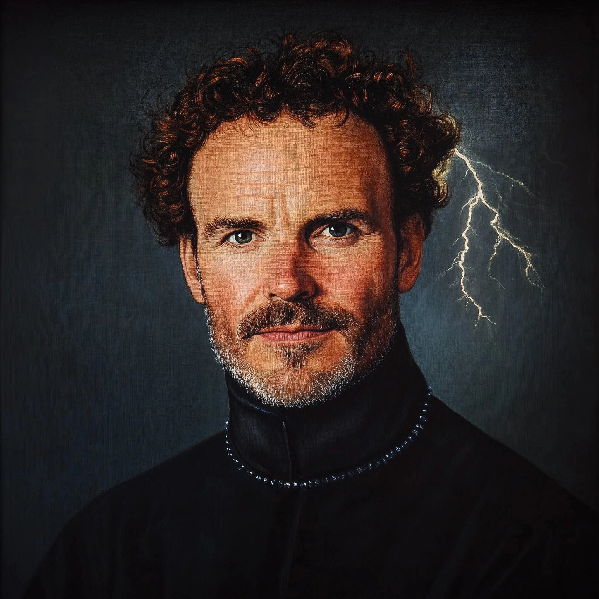 Portrait of a man with curly hair and a beard, wearing a black jacket with a high collar, against a dark background with a lightning bolt.