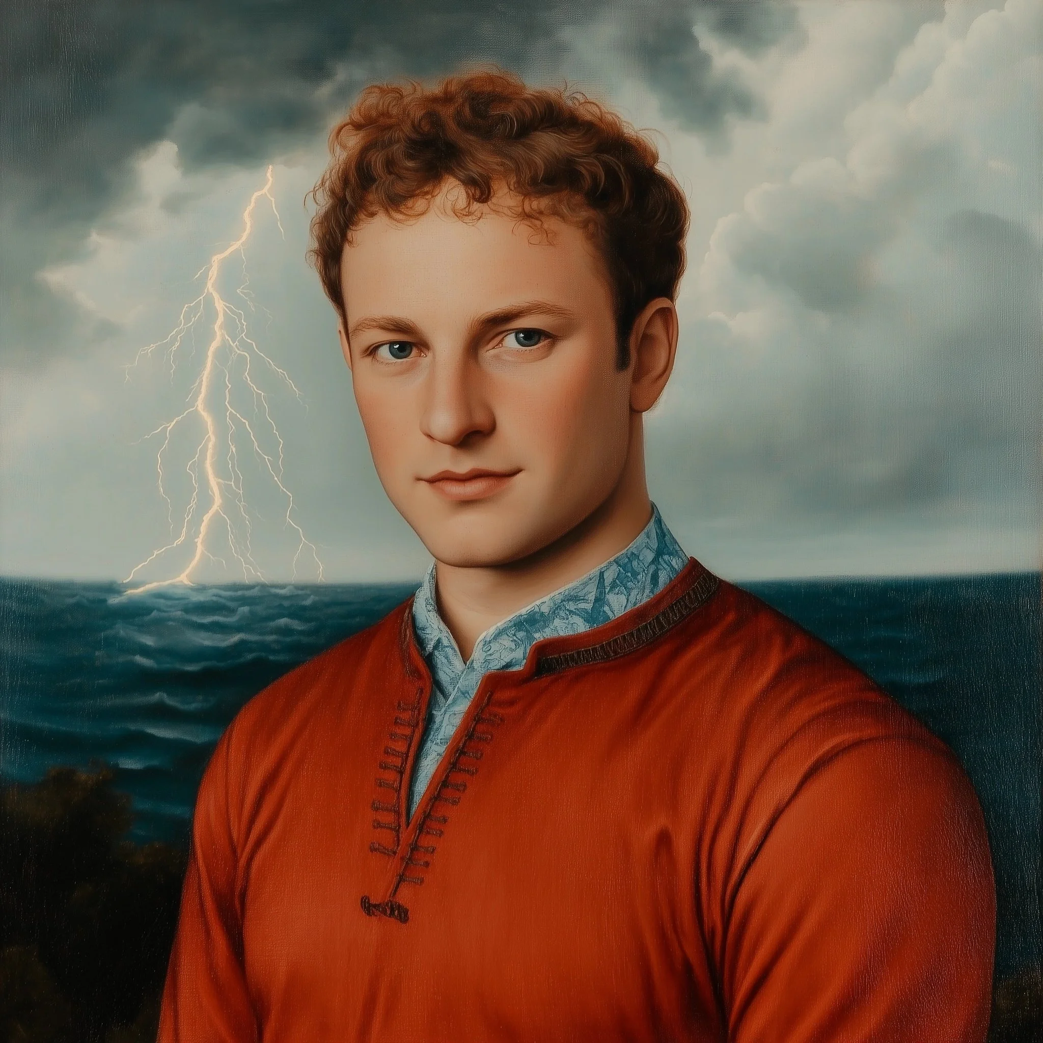 Portrait of a young man with short curly hair and blue eyes, wearing an orange shirt with a detailed blue collar, standing in front of a stormy ocean with lightning and dark clouds in the background.