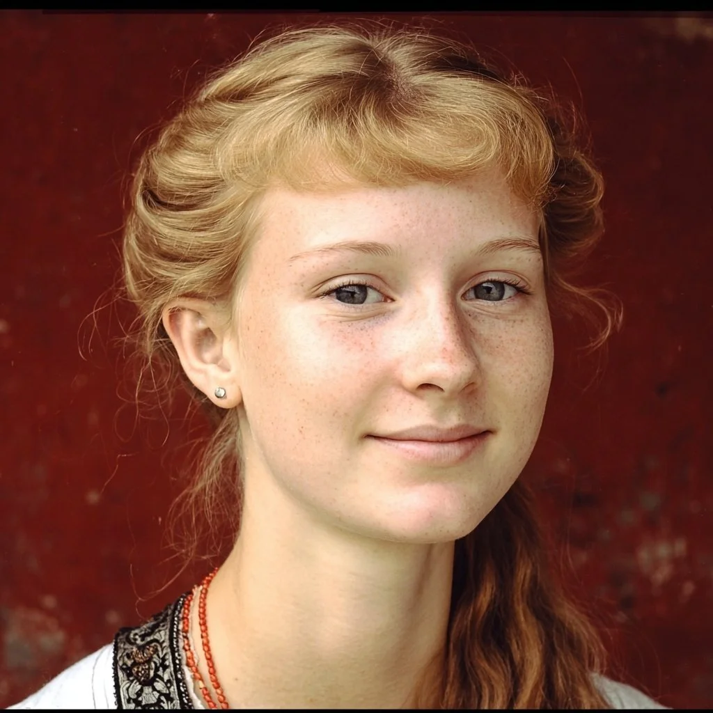Close-up of a young girl with fair skin, red hair, blue eyes, and freckles, smiling softly.