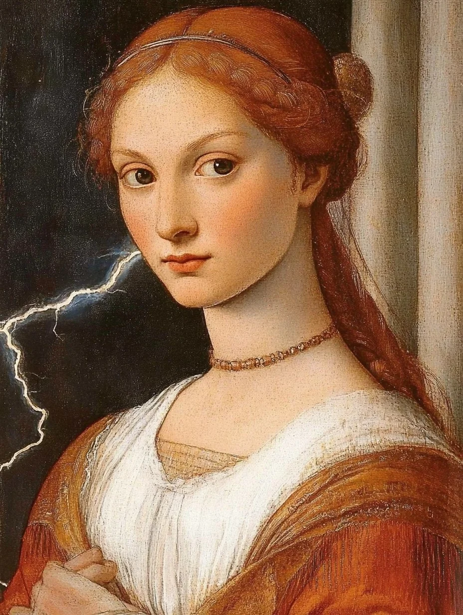 A painting of a woman with red hair, wearing a white dress and a necklace, holding her right hand to her chest, with a dark background and lightning in the distance.