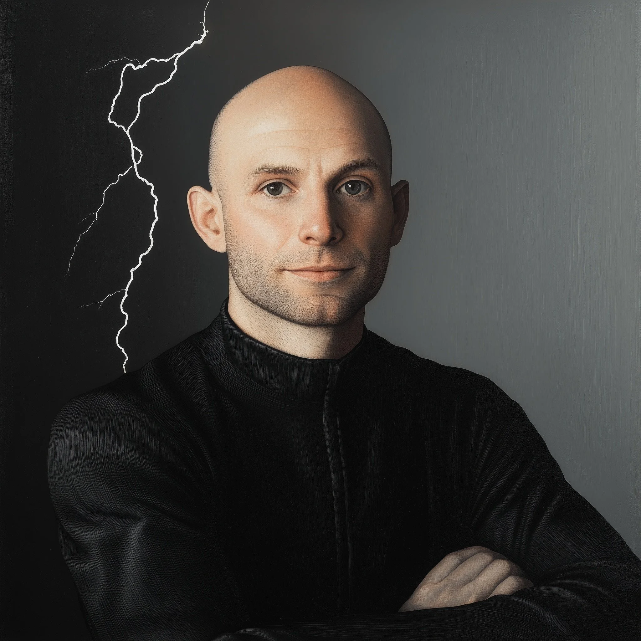 A bald man with light skin wearing a black shirt with a high collar, crossing his arms, with lightning illuminating the dark background to his left.