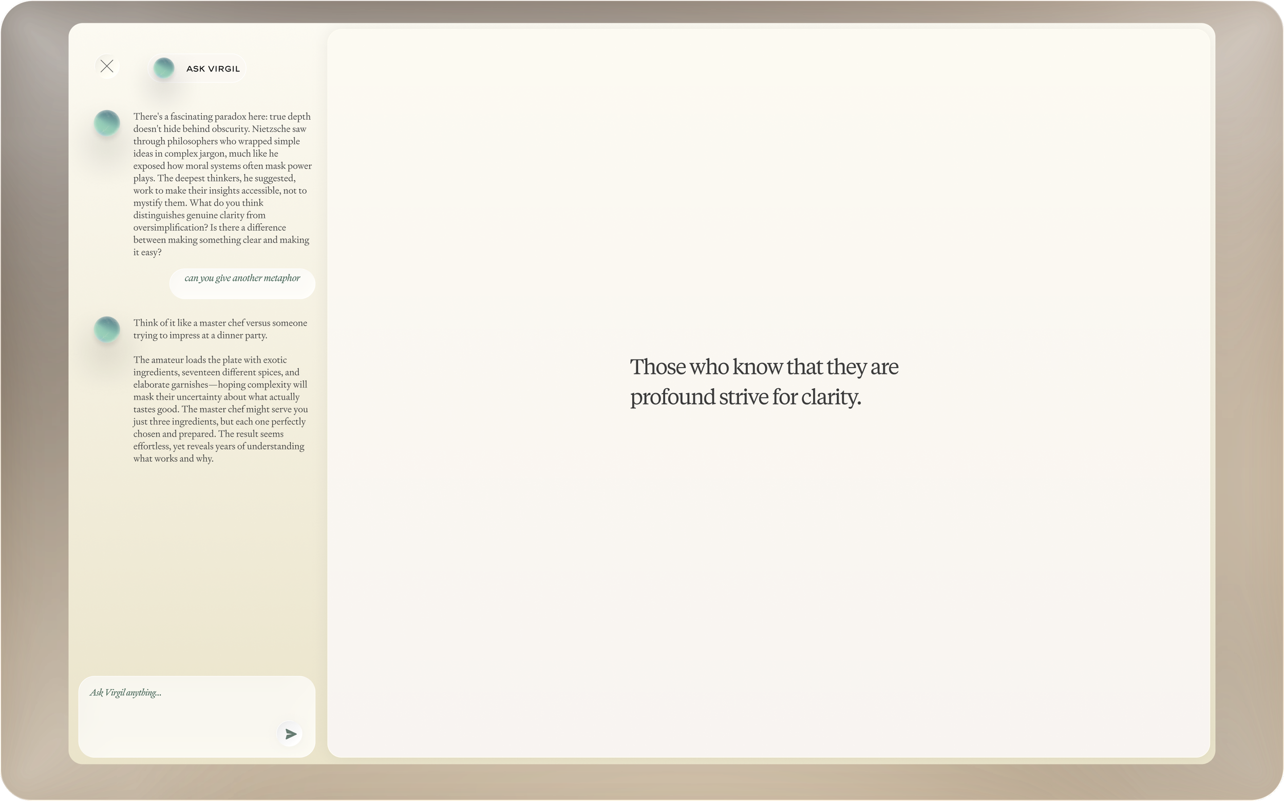 Digital interface of a chatbot named 'Ask Virgil' with a conversation screen on the left and a quote on the right, on a beige background.