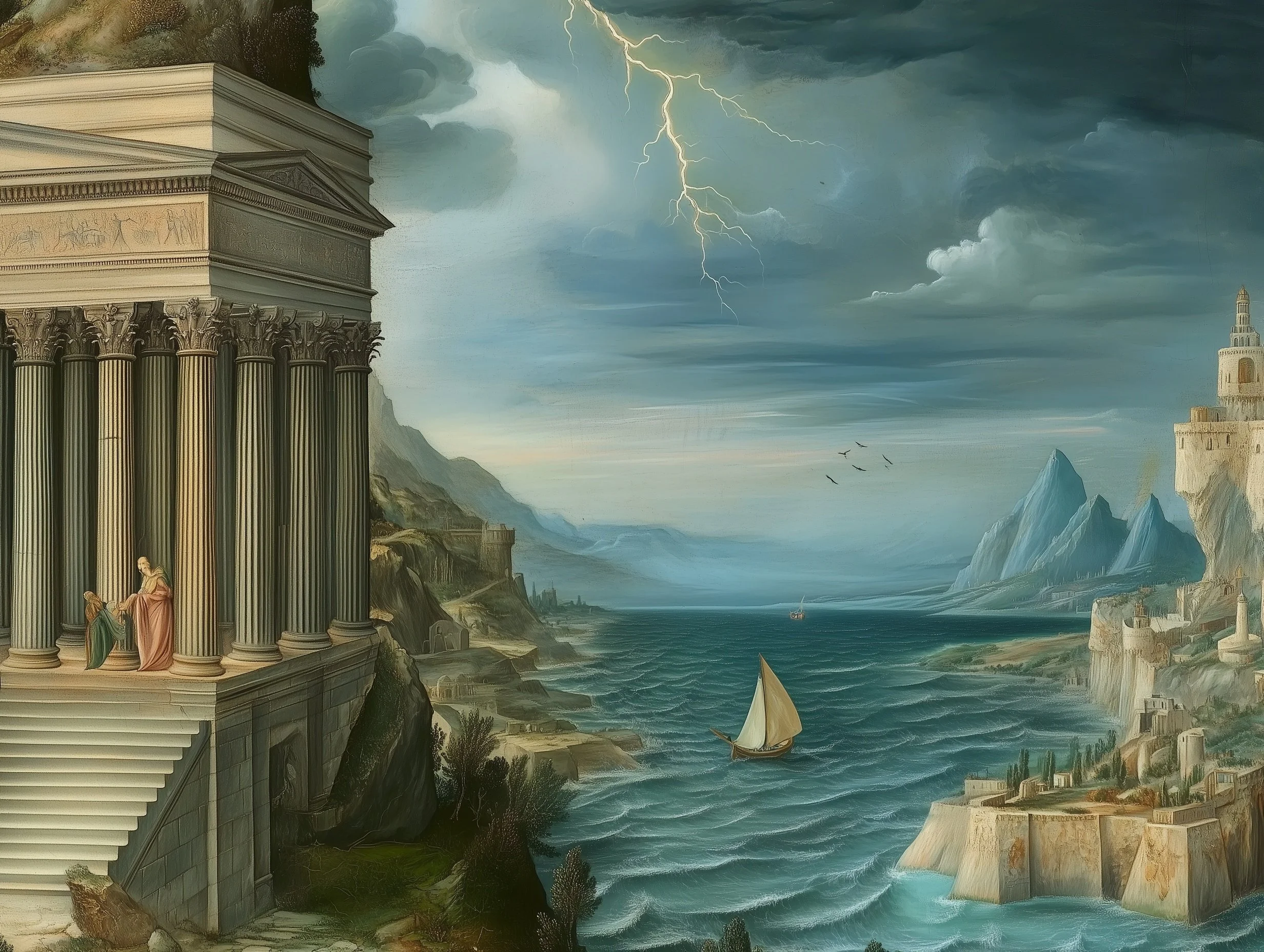 A landscape featuring a classical building with columns on a cliff, stormy sky with lightning, mountains in the distance, and a river with a sailboat.
