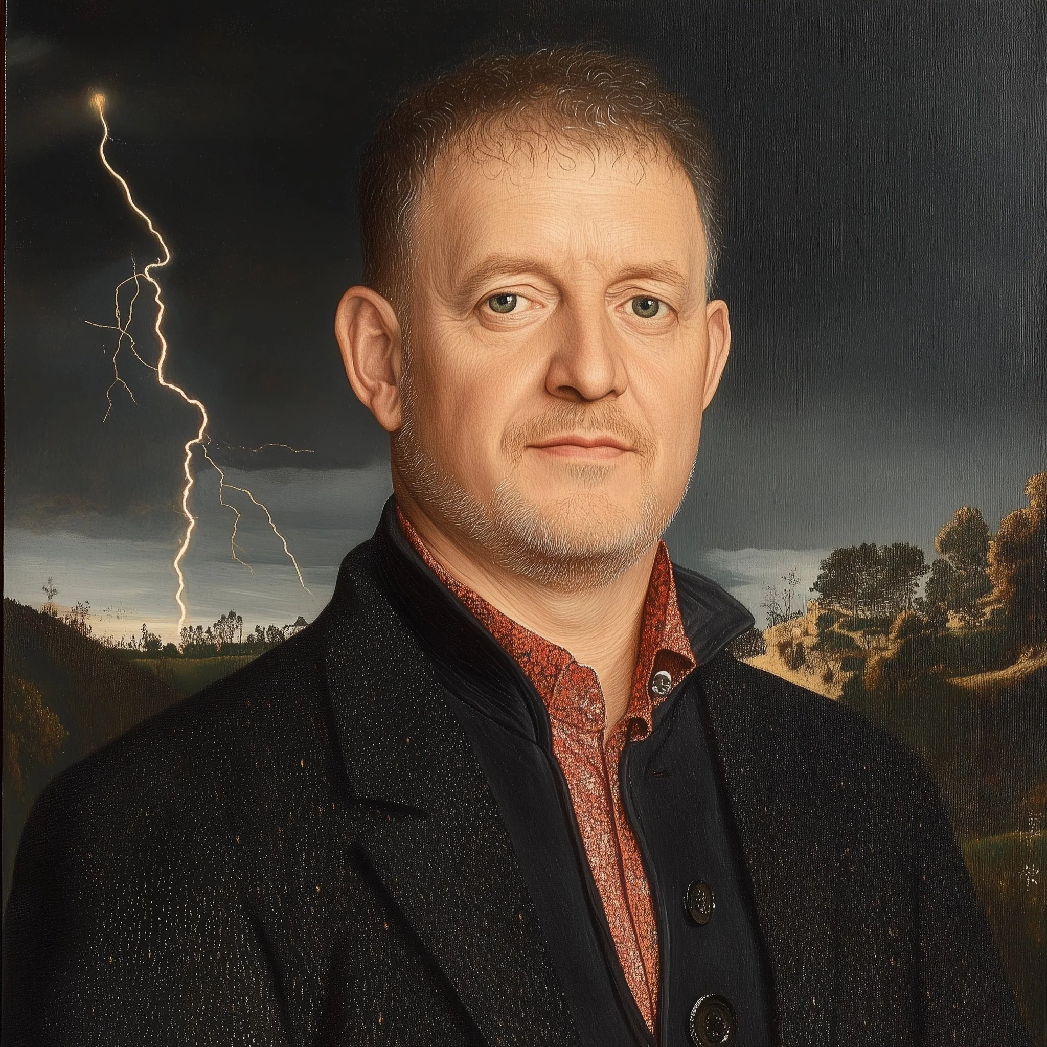 A man with light skin, short light brown hair, and a trimmed beard, wearing a red patterned shirt and dark jacket, standing in front of a dark, stormy sky with lightning and a landscape with trees.