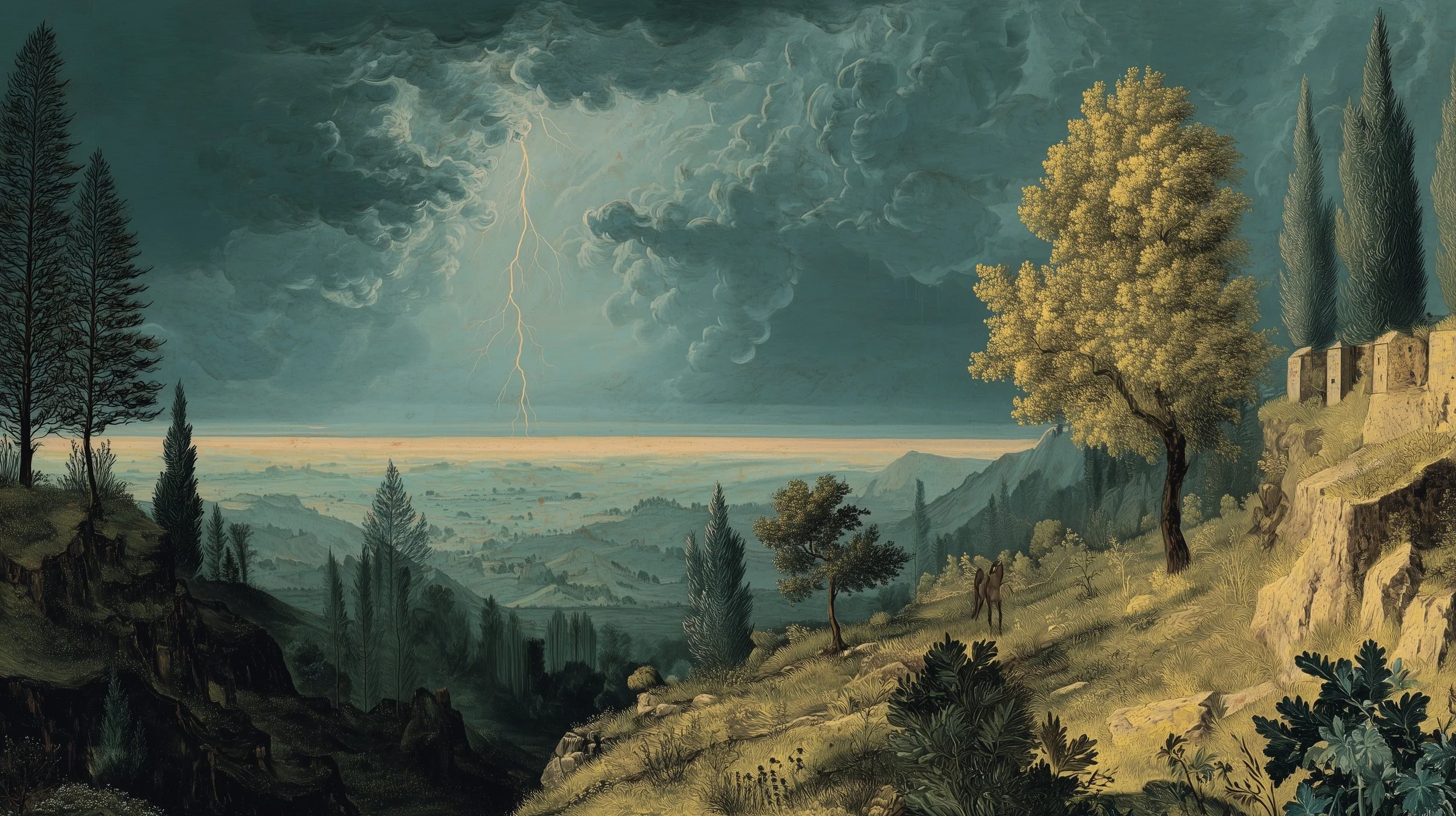 A painting of a landscape during a thunderstorm with dark storm clouds, lightning, and a bright horizon over rolling hills. Tall trees and rocky terrain are in the foreground, with a distant view of farmland and mountains.