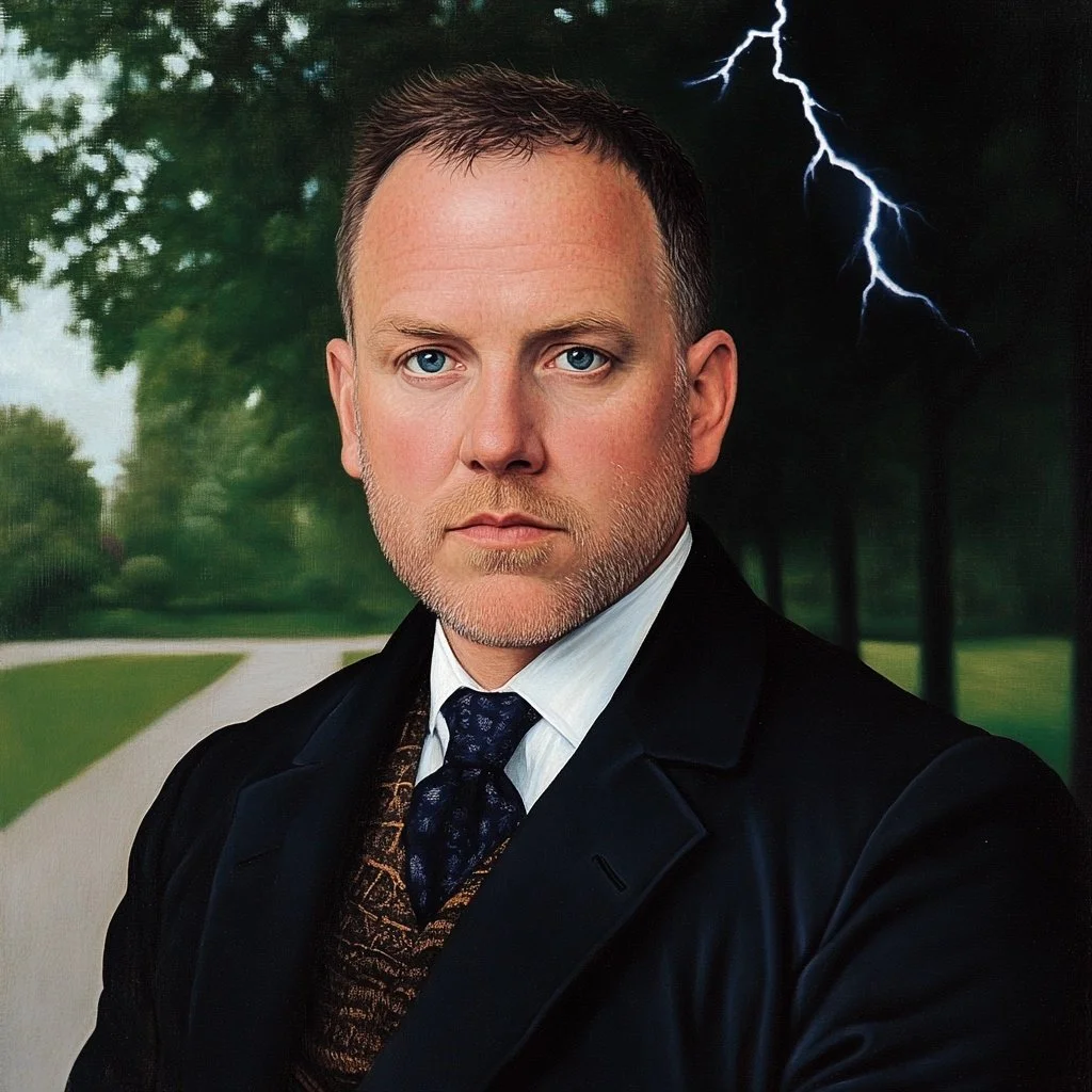 A man with blue eyes and light brown hair, dressed in formal clothing, standing outdoors with a background of green trees and a cloudy sky with lightning.