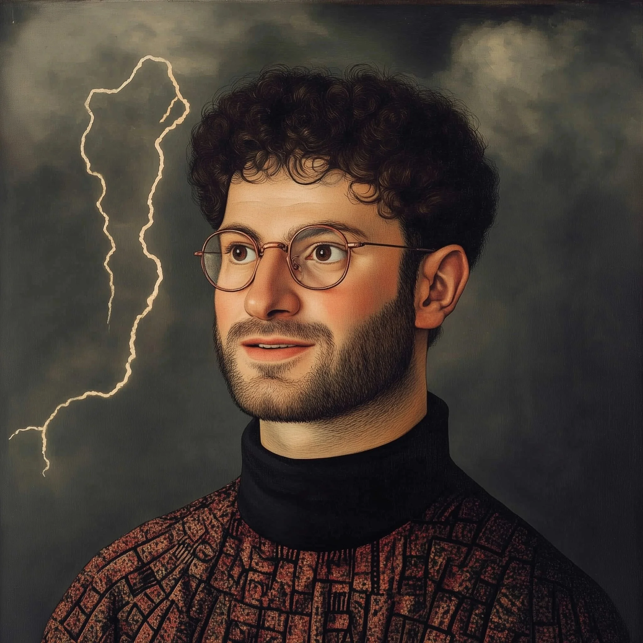 Portrait of a young man with curly hair and glasses, wearing a patterned turtleneck, against a dark cloudy sky background with a lightning bolt.