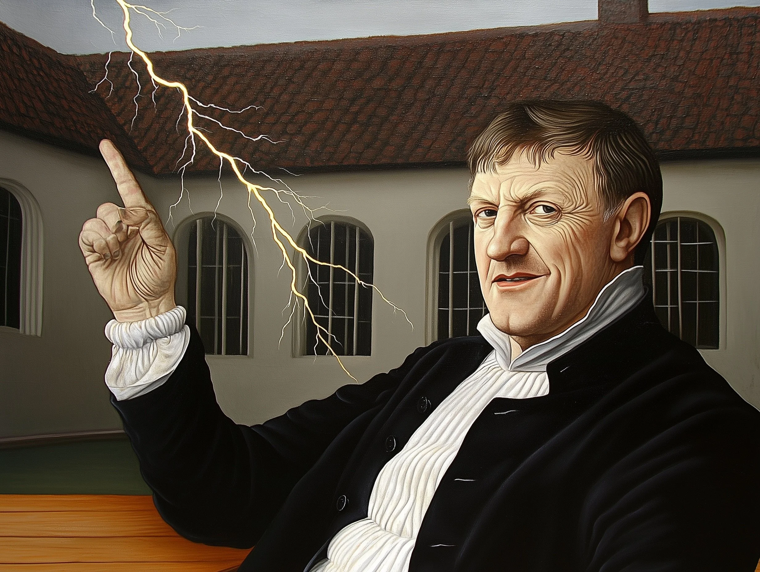 A man in historical attire with a cold expression, pointing at lightning in the sky above a building with arched windows and a red tile roof.