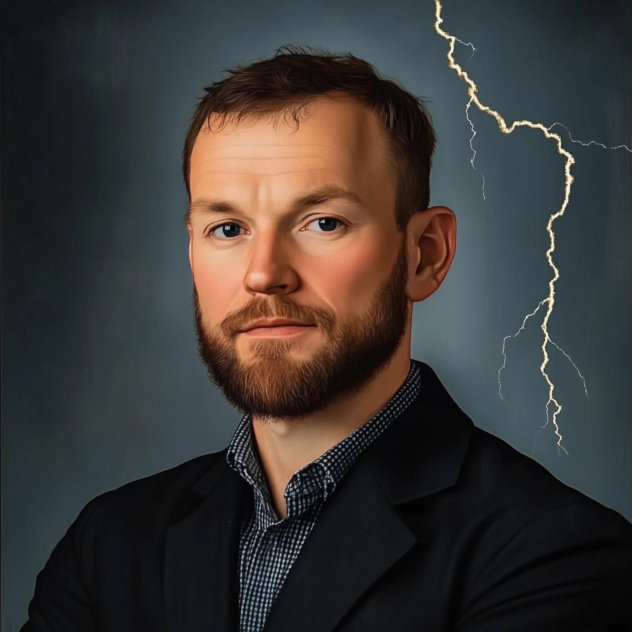 A portrait of a man with a beard, wearing a black blazer and patterned shirt, with a stormy background and lightning bolt.