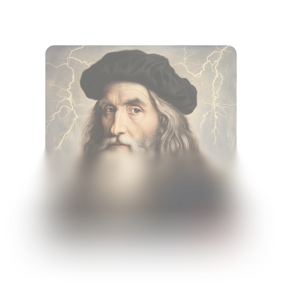 A painting of a historical figure with a long beard, wearing a black beret, with lightning in the background.