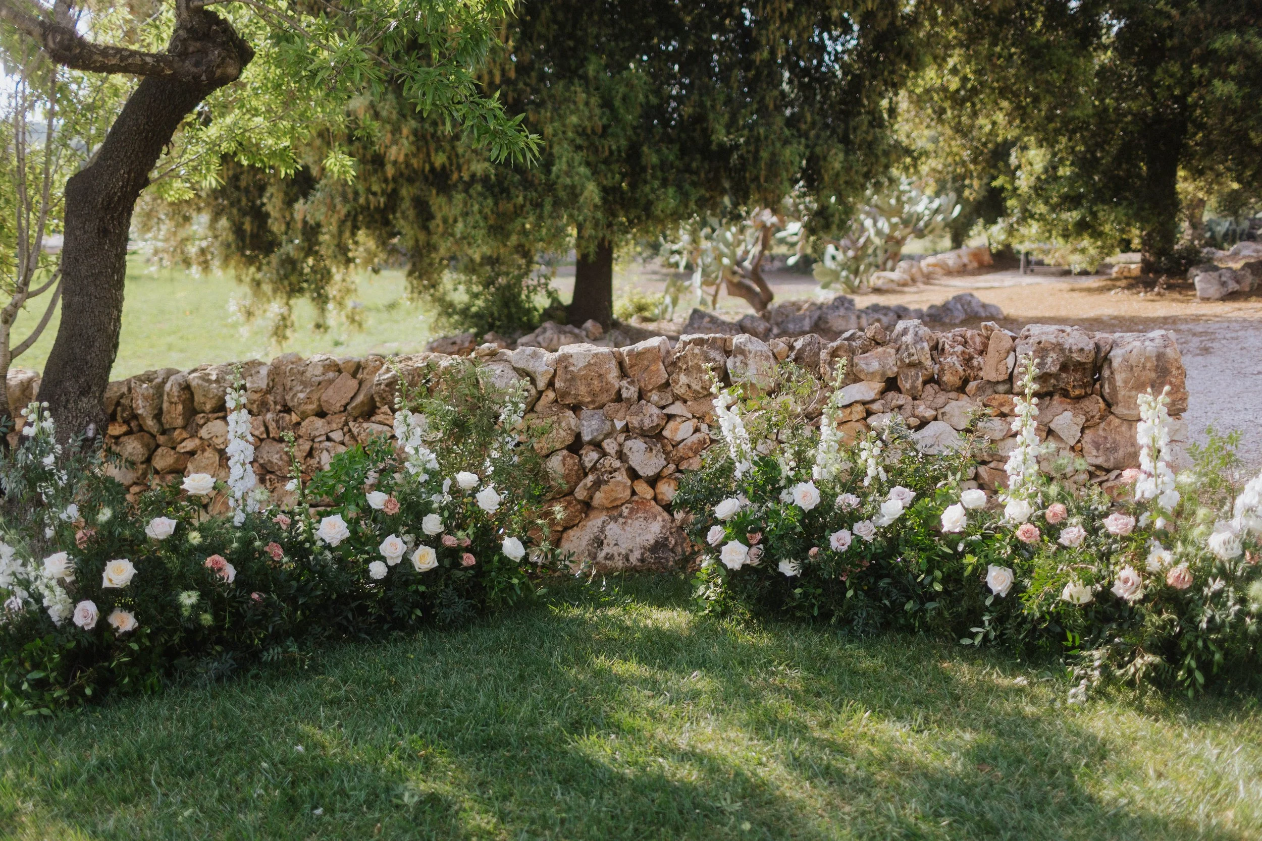 Giardino con un muro di pietre e arbusti di rose bianche e rosa
