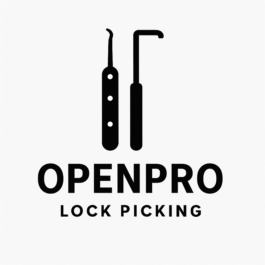 Logo with a depiction of a picklock and a tension wrench, the text "OPENPRO LOCK PICKING" below