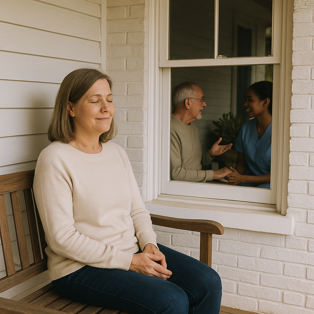 Daughter relaxing on front porch while senior father is cared for by female caregiver