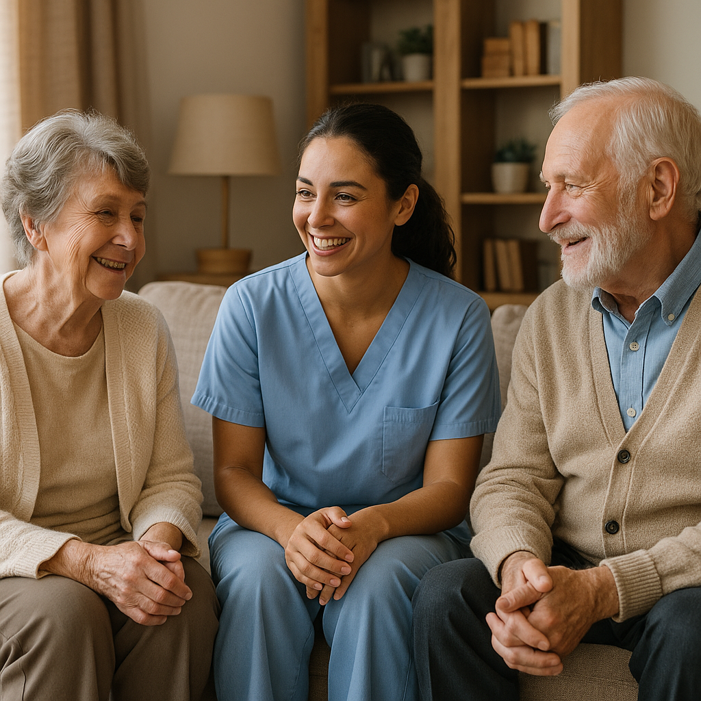 Senior couple having a pleasant conversation with their In-home caregiver