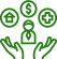 An icon image of two outstretched hands around a man and three symbols: a house, a dollar sign, and a first aid sign