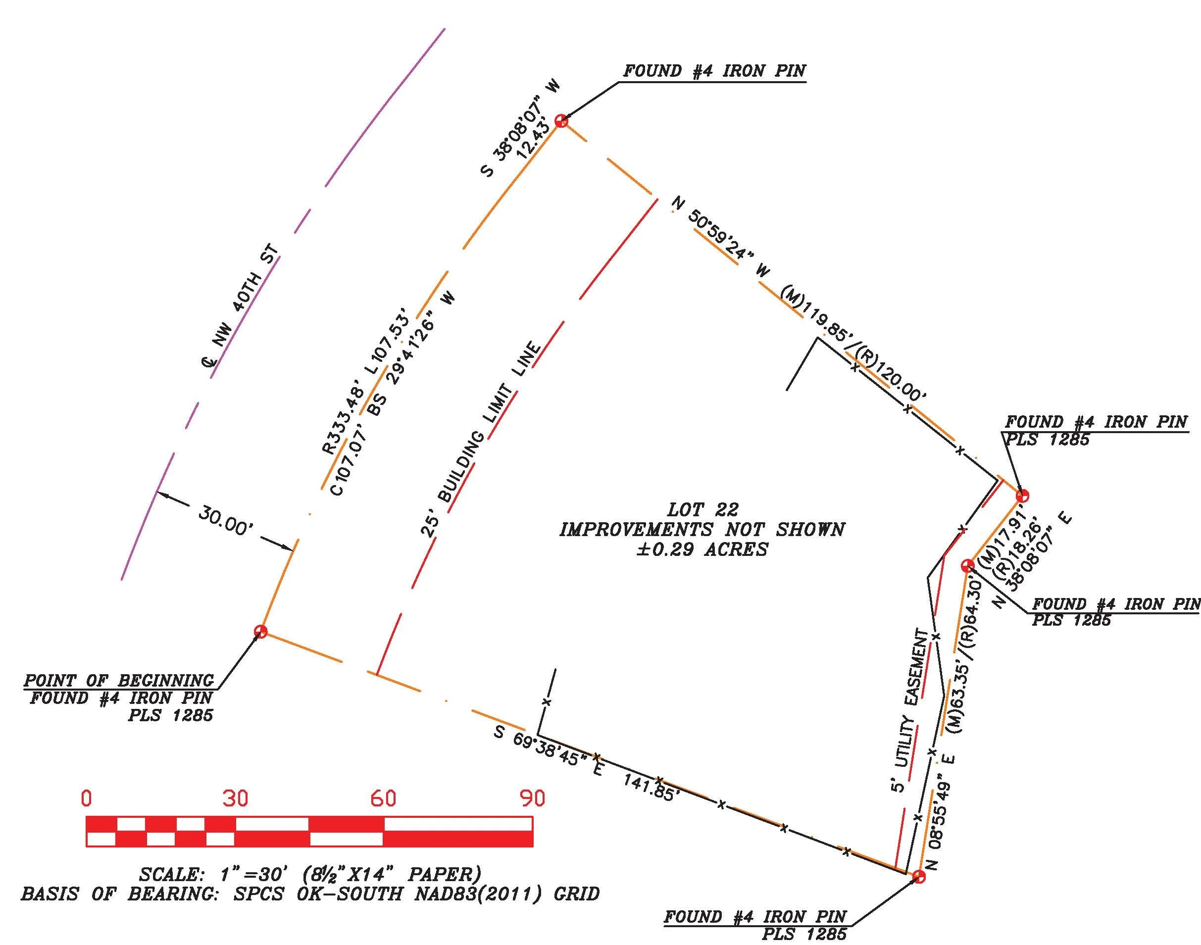 A detailed survey site plan showing lot boundaries, measurements, and several marked iron pins. It includes coordinates, angles, and notes related to the survey.