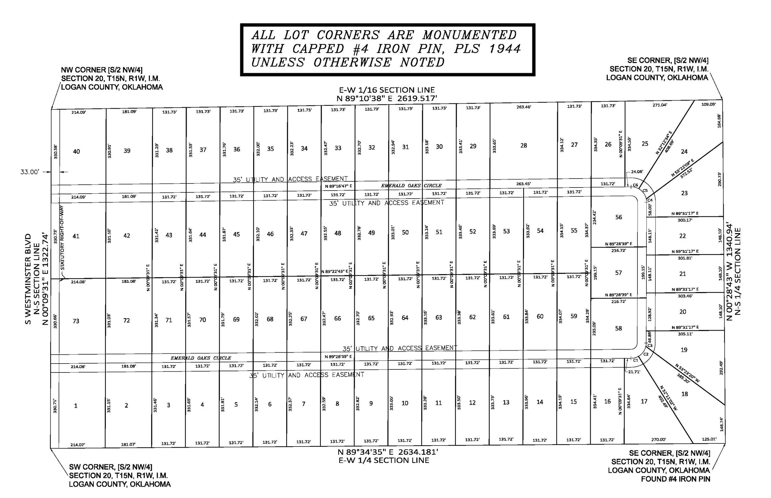A detailed plat map showing land plots, street boundaries, and utility easements in Logan County, Oklahoma.