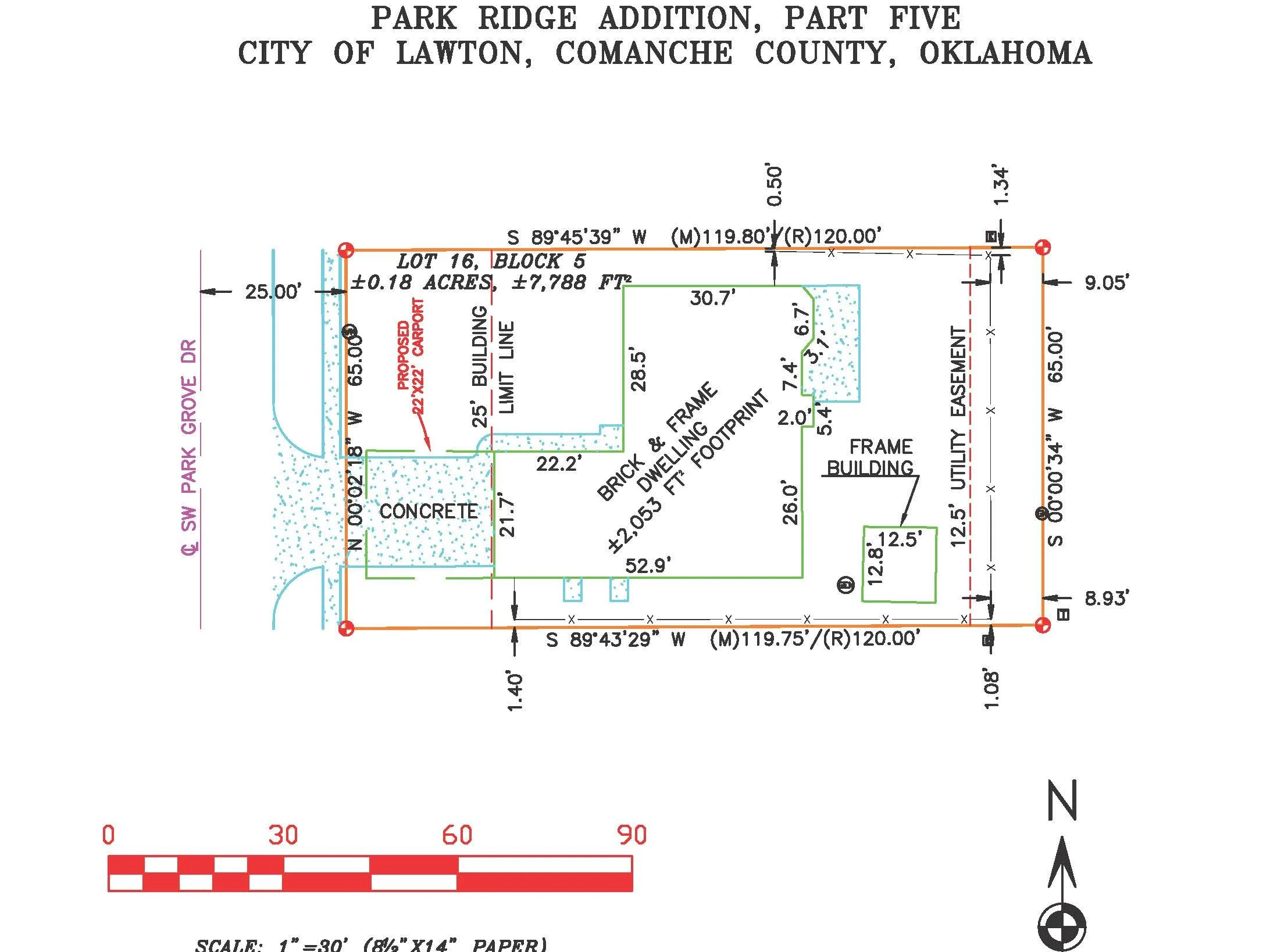 Site plan for Park Ridge Addition, Part Five in Lawton, Oklahoma, showing lot dimensions, building footprints, and utility easements, with a north directional arrow and a scale bar.