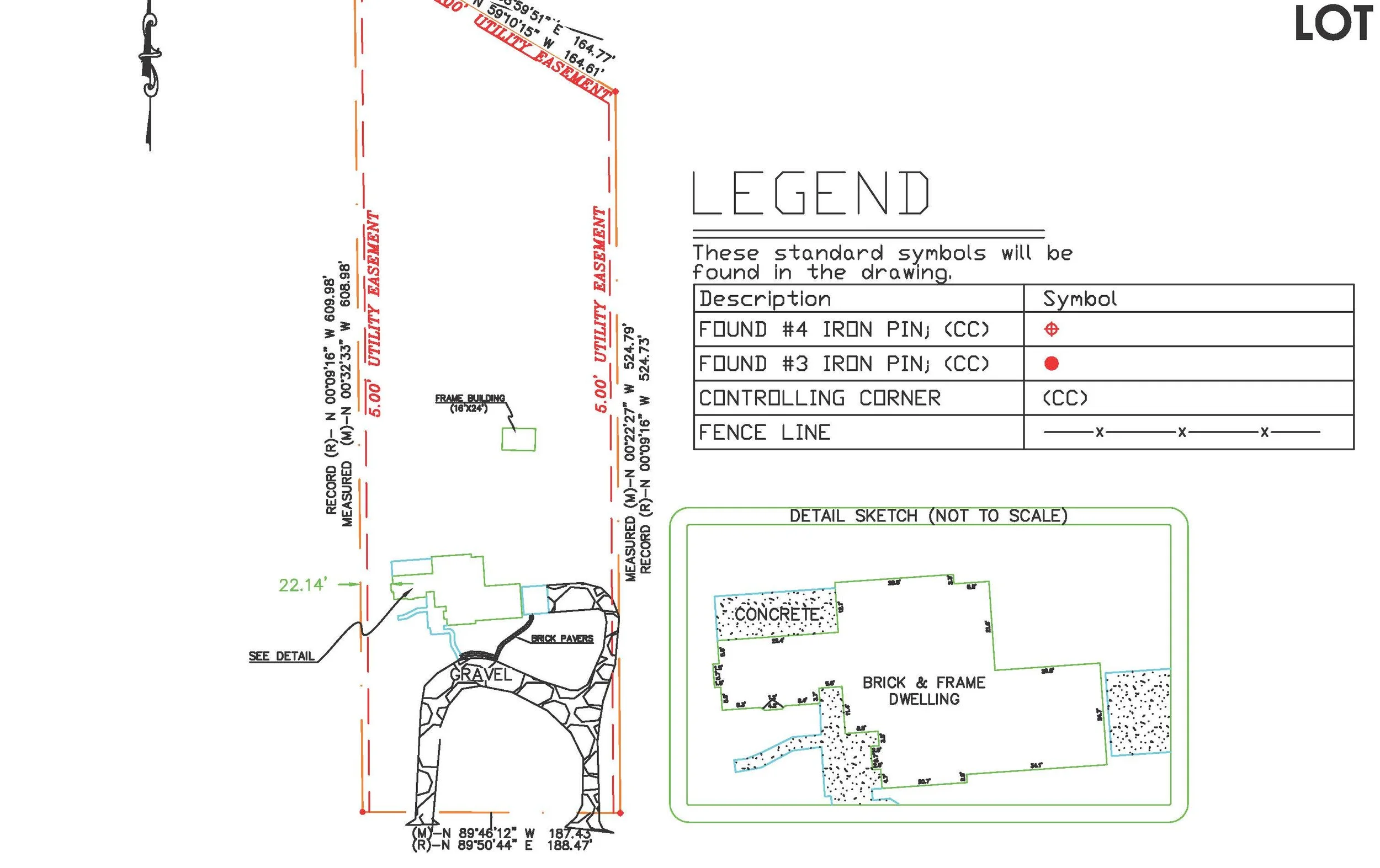 Detailed architectural or construction plan with a legend explaining symbols for iron pins, corner controls, and fence lines; includes a head report, measurements, and a site sketch indicating concrete, brick, and gravel areas.