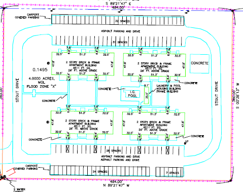 Site plan for a residential complex with parking, driveways, a concrete pool, and building structures.