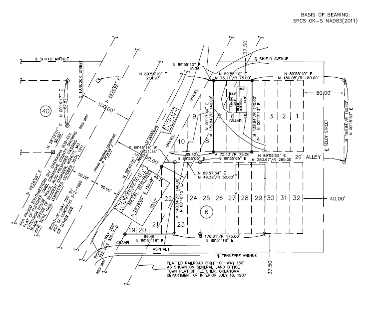 A detailed technical blueprint or survey map of a land and street layout showing property lines, street names (Shield Avenue and Tennessee Avenue), vehicle and pedestrian pathways, elevation points, and construction features.