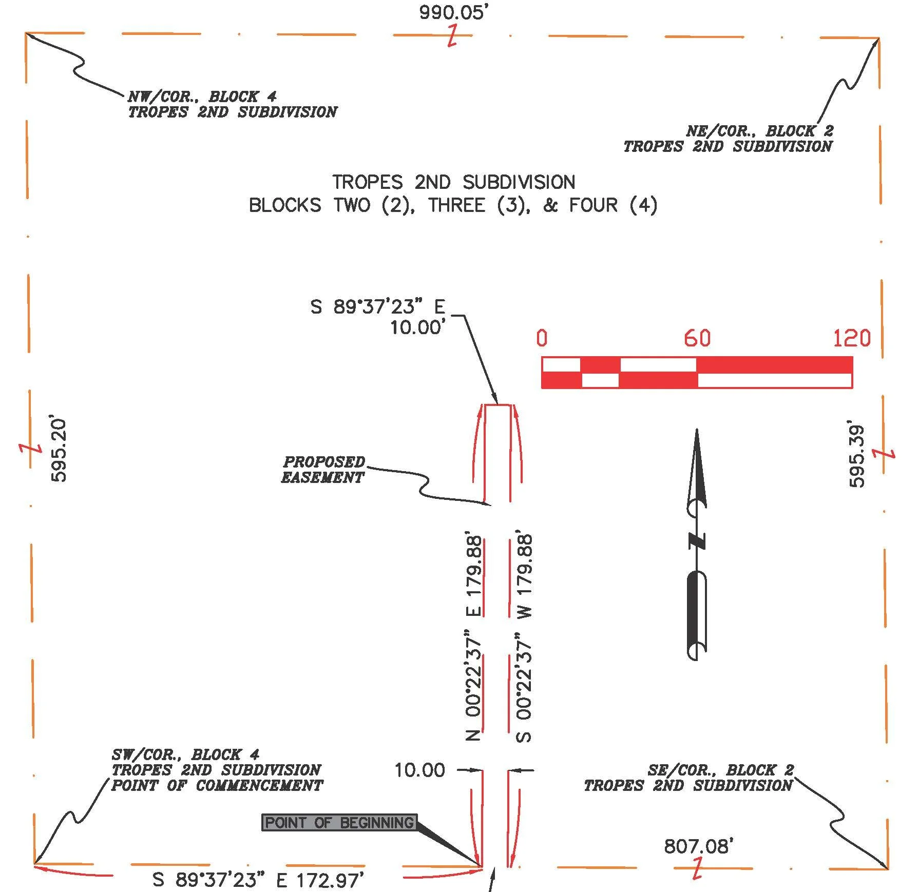 This is a technical land survey drawing showing property boundaries in a subdivision, including measurements, coordinates, and proposed easements.