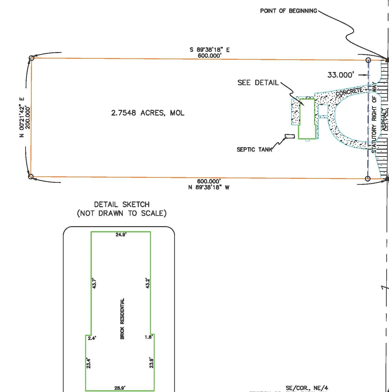 Site plan showing a rectangular plot of land measuring 600 feet by 200 feet, labeled as 2.7548 acres. It includes a septic tank, a concrete driveway with a cul-de-sac, and a detailed sketch of a brick residential structure 24.9 feet by 43.2 feet.