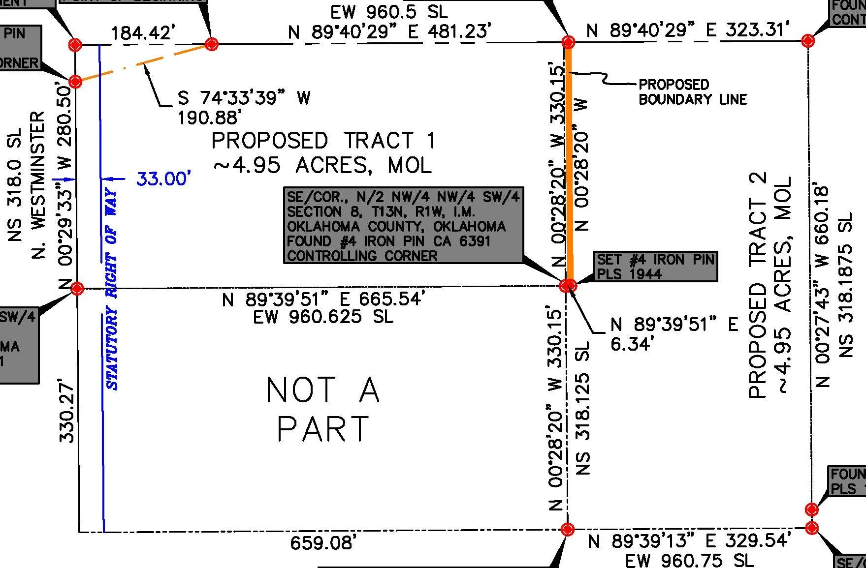 Survey plat map showing proposed tract 1 of approximately 4.95 acres in Oklahoma County, Oklahoma. The map includes boundary lines, measurements, coordinates, and notes about iron pin markers, with details about section, township, and range.