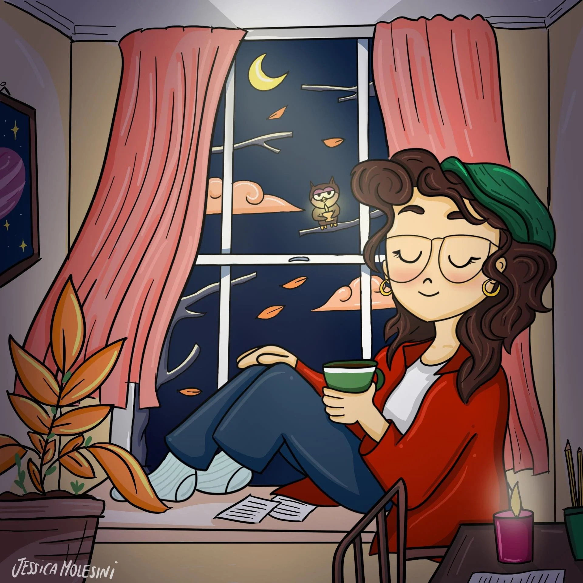 A woman sitting on a windowsill with closed eyes, holding a green cup. Outside the window, a night sky with a crescent moon, clouds, cityscape, and an owl wearing glasses perched on a branch. The room has pink curtains, a potted plant, a lit candle, and papers on the table.