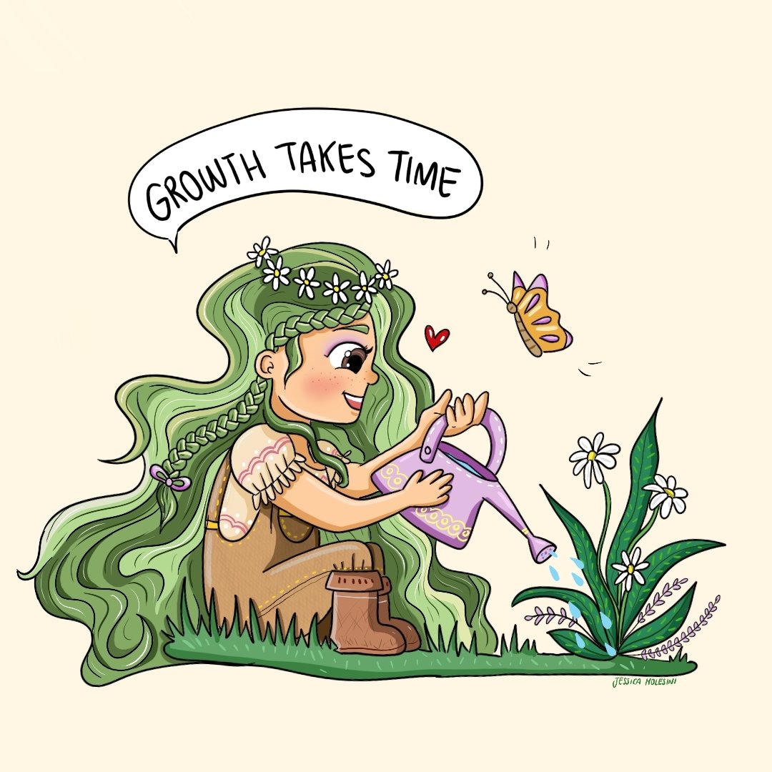 A girl with long green hair and a floral crown waters a small plant with daisies using a purple watering can. She is sitting on the grass, smiling, with a butterfly flying nearby and a speech bubble that says 'GROWTH TAKES TIME.'