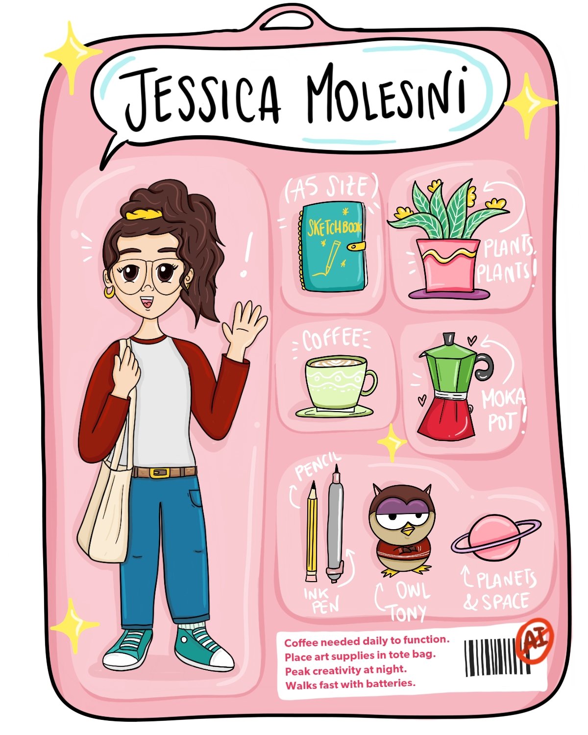 Colorful illustration of a tote bag with a cartoon woman named Jessica Molesini on it, surrounded by art supplies, plants, a coffee cup, a moka pot, owls, planets, and space elements. The bag has labels for sketchbook, plants, coffee, moka pot, pencil, ink pen, owl Tony, planets & space. Notes mention coffee daily, tote for art supplies, creativity at night, and batteries for walking fast.