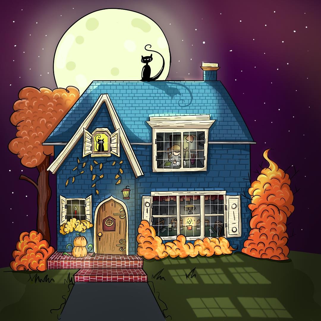 A cartoon illustration of a haunted house at night with a large full moon in the sky. The house is blue with white window shutters, some of which are open revealing spooky interior objects. There are black cats on the roof and in the windows, and an 