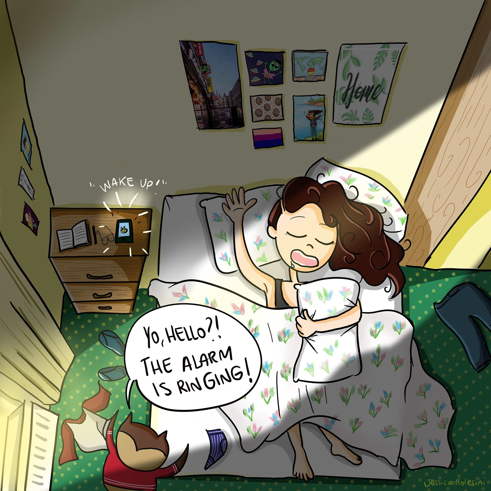 A woman waking up in bed, stretching with her eyes closed, as a cat nearby says the alarm is ringing, with a ringtone on her phone showing 'WAKE UP!!'