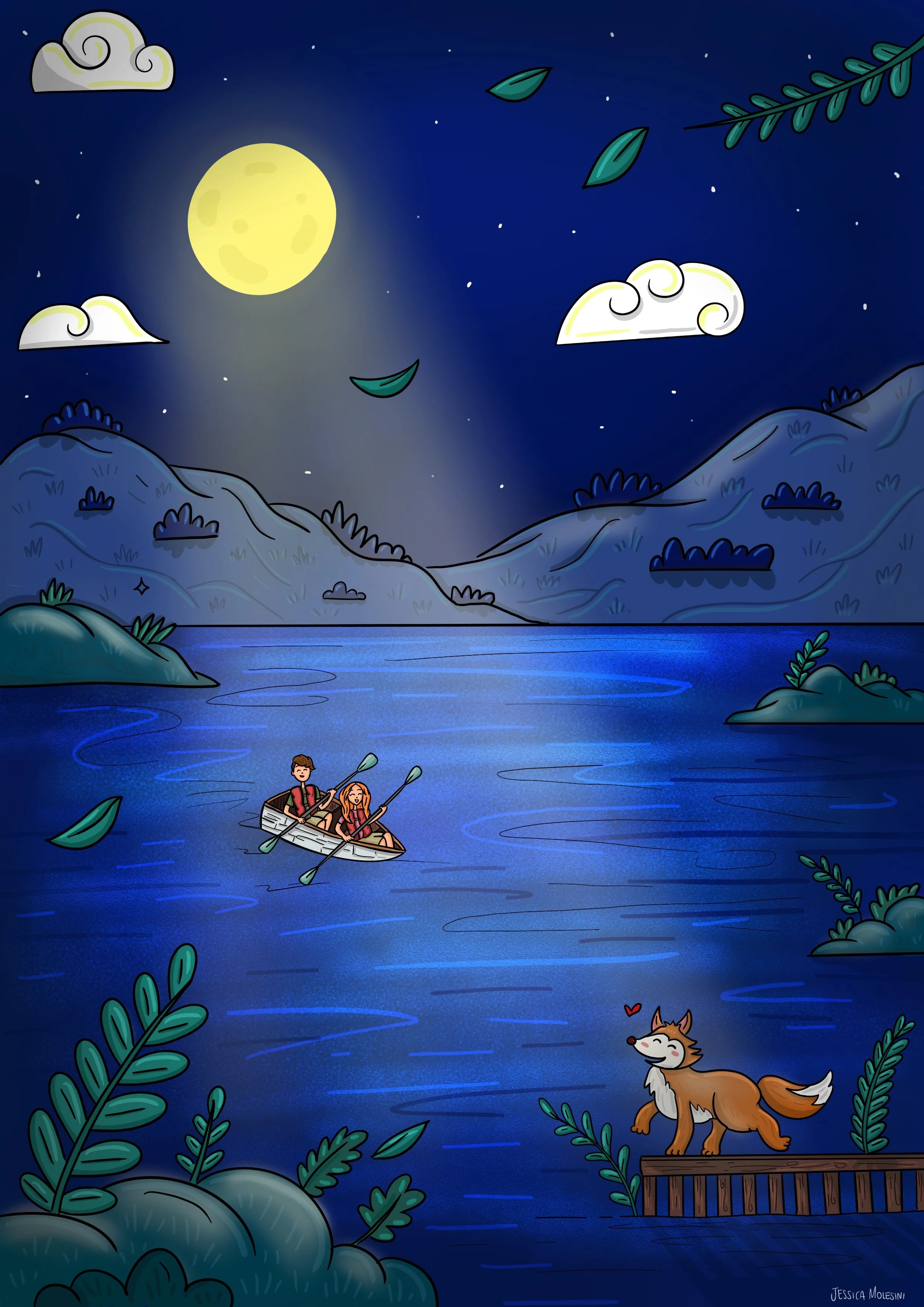 Night scene of a lake with mountains in the background, a full moon, stars, and clouds. Two people in a canoe and a smiling dog on a small dock near the water, with hanging leaves and plants.